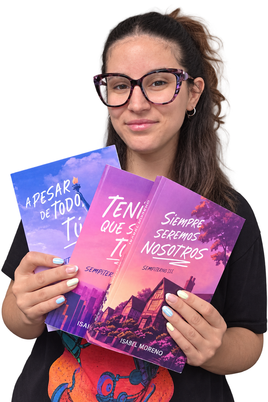 Isabel Moreno sosteniendo los tres libros de la trilogía Sempiterno